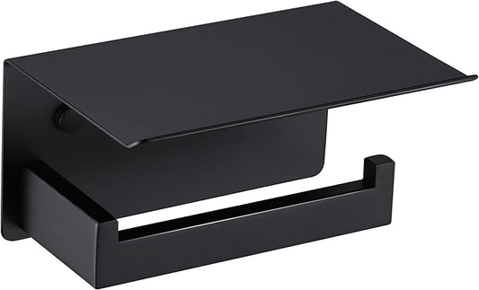 LANC Matte Black Toilet Paper Holder with Shelf, Adhesive or Screw Bathroom Toilet Paper Roll Holder with Phone Shelf for Bathroom Wall Mount, Tissue Roll Holder Stainless Steel, A8367MB