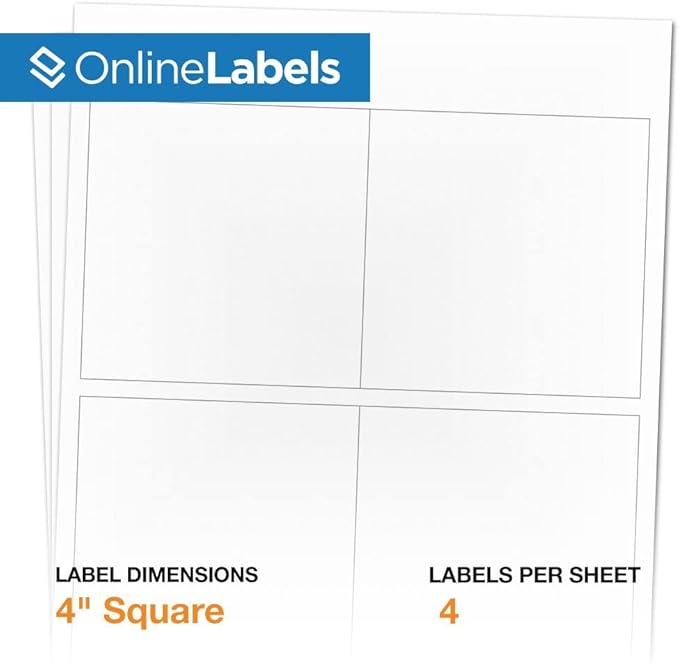 OnlineLabels 4" x 4" Square Labels - Permanent Adhesive, White Matte - Great for Product Labels, Organization, Jars, & More - for Inkjet & Laser Printers - Pack of 40 Labels, 10 Sheets OL3027WX