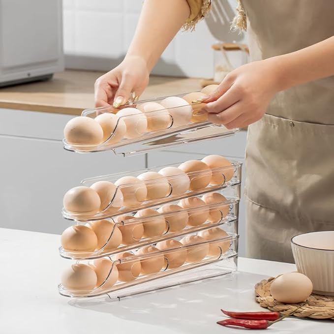 Egg Holder for Fridge,Stackable 1-4 Tiers Container,Auto Rolling Fridge Organizer for Refrigerator,Space-Saving Dispenser Holder,Refrigerator Egg Rack Transparent (3 Packs)