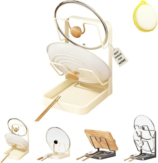 Kitchen Pot Lid Storage Rack, Multifunctional Stainless Steel Pot and Pan Organizer with Removable Drip Tray, Two-Compartment Spatula Holder for Counter Stove Top Kitchen Accessories(Beige,Double)