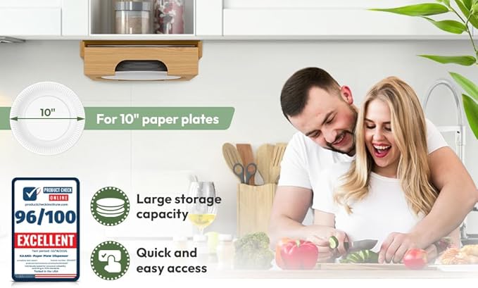 10 inch Paper Plate Dispenser Holder Bamboo Under Cabinet Vertical Rack for Kitchen Countertop Organizer Space Saver Shelf Lid Holder Counter Storage Can Dispenser Pantry Aid Caddy Estante