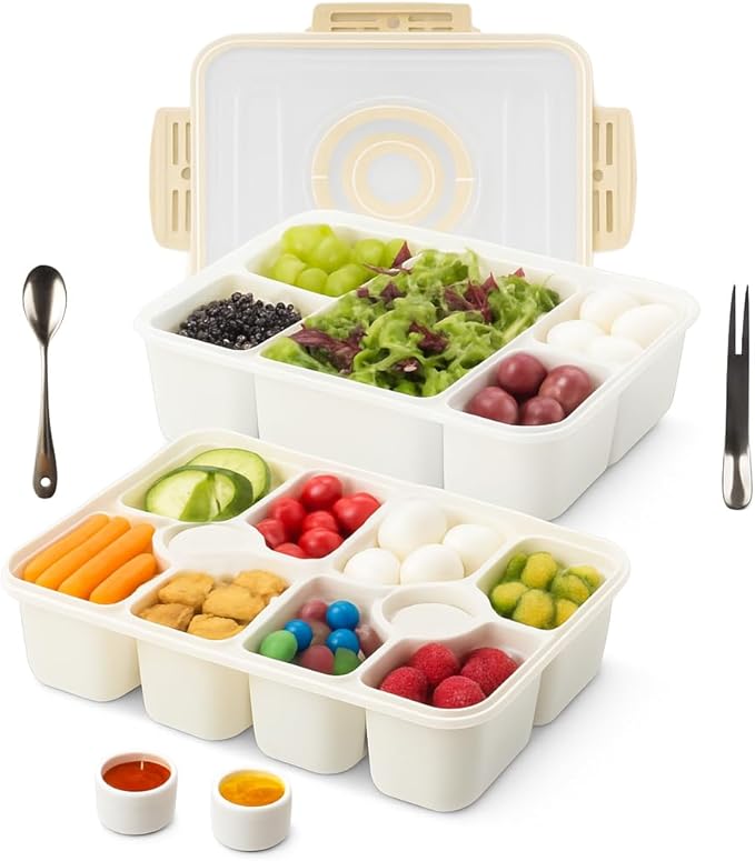 Snackle Box Container with Multi Compartments & Rotary Date Dial - Divided Serving Tray with Lid & Handle -Snack Organizer for Travel, veggies, Nut, fruit, Picnic & party - Dishwasher &Microwave safe
