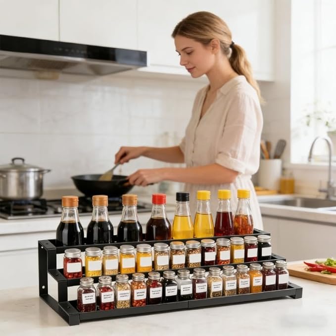 3-Tier Spice Rack Organizer, 16"-29" Expandable Adjustable Shelf, Slip-Resistant Metal Storage for Kitchen Cabinet Countertop Pantry, Seasoning Jar Bottle Display Stand, Black