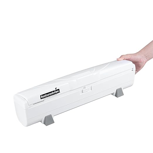 Restaurantware-RW Base Food Wrap Dispenser with Cutter, 1 Refillable Cling Wrap Dispenser - Fits 12” to 18” x 1000’ Rolls, Press Down and Cut, White Plastic Aluminum Foil, Sharp Blade