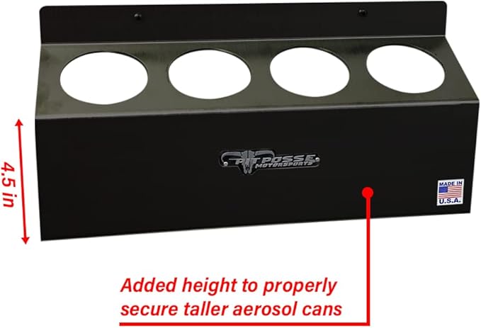 Pit Posse 303BK Four Bottle Aerosol Spray Can Rack Shelf Holder 15.5" Caddy - Made in USA - Aluminum Enclosed Trailer Shop Garage Storage Organizer - Mounting Hardware Included (Black)