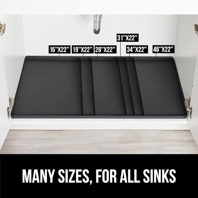 GORILLA GRIP Waterproof Silicone Under Sink Mat with Raised Lip for Kitchen and Bathroom, Cabinet Shelf Liner Stay in Place Mats Dishwasher Safe Drawer Liner, Organizer Tray, 15 x 22 in, Black