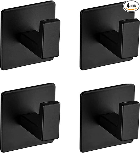 Vanloory Bath Towel Hook,4 Pack Self Adhesive Square Coat Hooks, Sturdy No Drilling Robe Hook, Heavy Duty Aluminum Clothes Hanger, Wall Hooks for Bathroom Bedroom Kitchen (2 Inch,Black)