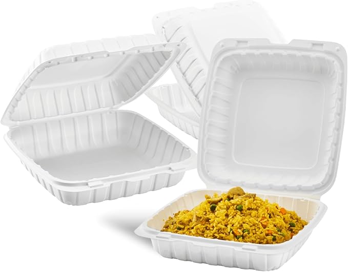 KARAT EARTH Clamshell Take Out Food Containers [9"x9" - 120 ct] To Go Containers | Microwavable, Freezer Safe, Soak-Resistant, Durable, Stackable | Vented for Hot/Cold Foods, White