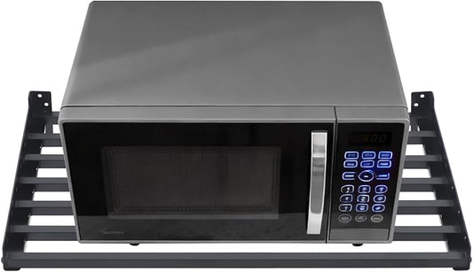 Wall Mounted Microwave Oven Rack, Stainless Steel Kitchen Shelf Organizer with Hooks, 110 Lbs Capacity for Spice Jars Plates Pots, Black