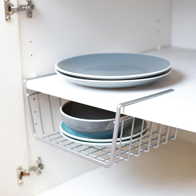 Home Basics Under Shelf Steel Wire Basket Hanging Storage Space Saver Slide-On Basket for Pantry, Cabinets, Closet, Shelves - No Hardware Needed - Silver