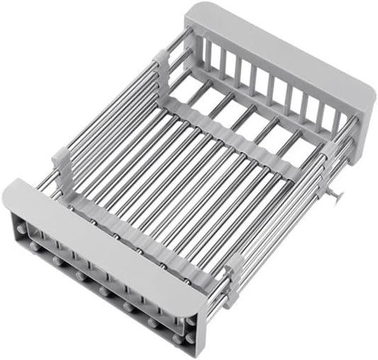Expandable Over Sink Dish Drying Rack, Stainless Steel Kitchen Organizer, Adjustable Countertop Drainer for Plates, Bowls, Utensils (Gray, Large)
