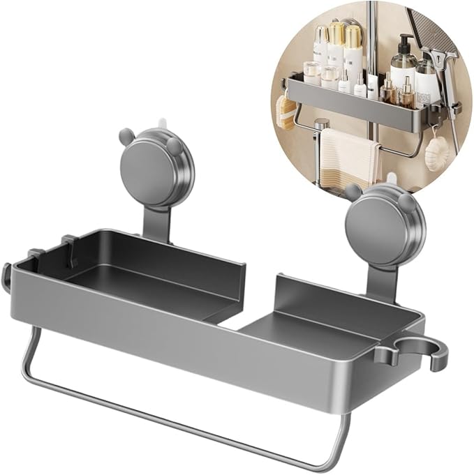 Shower Holder for Soap and Bath Essentials, Suction Cup Wall-Mounted Organizer with Ventilated Design, 30x12.5x4.5cm Plastic Storage Tray for Bathroom or Kitchen Use, Grey