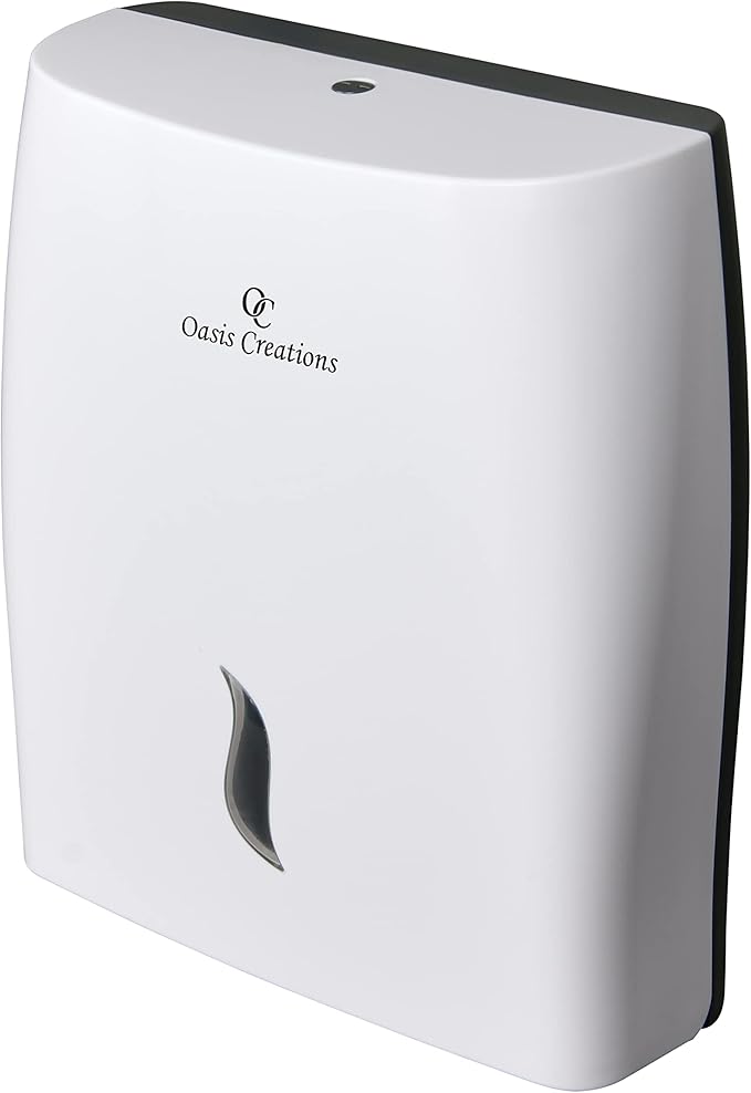 Touchless White Paper Towel Dispenser by Oasis Creations-Wall Mount Hanging Hand Towel Holder- Hands Free-500 Multifold Tissues-Bathroom & Kitchen Accessories-Key Lock Feature-Restaurant & Office