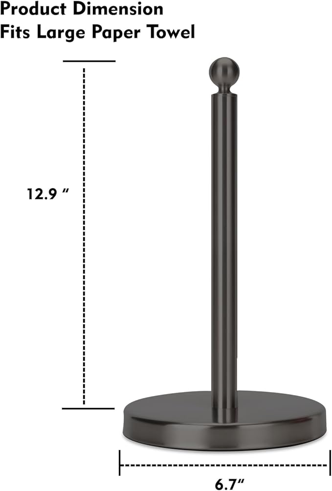 Paper Towel Holder Countertop, Standing Paper Towel Roll Holder for Kitchen Bathroom, with Weighted Base for One-Handed Operation, No Wobbly (Stainless Steel Base, Black)