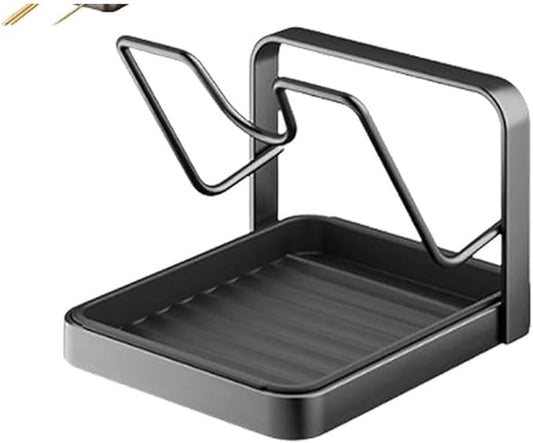 Kitchen Pot Lid Storage Rack, Stainless Steel Pot Lid Organizer Rack While Cooking, Multifunctional Lids Holder for Stove Top, Kitchen Pots Lids Holder with Spoon Rest(Deep Grey,Single-layer)