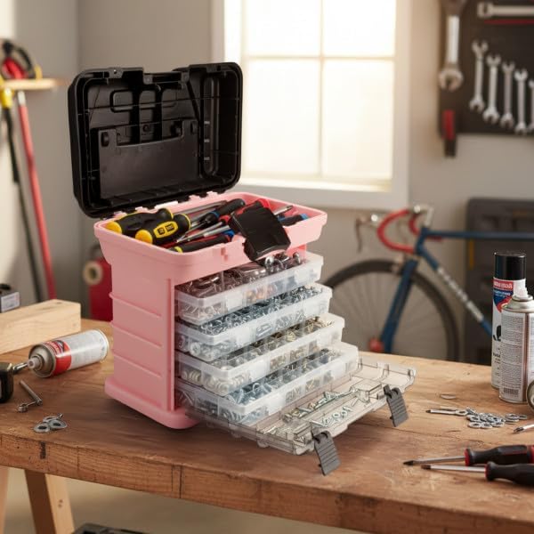 Pink Tool Box Organizer with Removable Compartments – Portable Storage Case for Crafts, Beads, Screws & Small Tools – Lightweight Utility Organizer by Stalwart