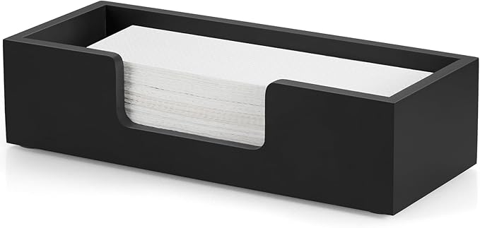 Paper Towel Dispenser Countertop, Wood Bathroom Paper Towel Holder, Black Napkin Holder for Kitchen, Countertop Multifold C-Fold, Z-Fold, Trifold Paper Hand Towel Dispenser for Toilet, Black