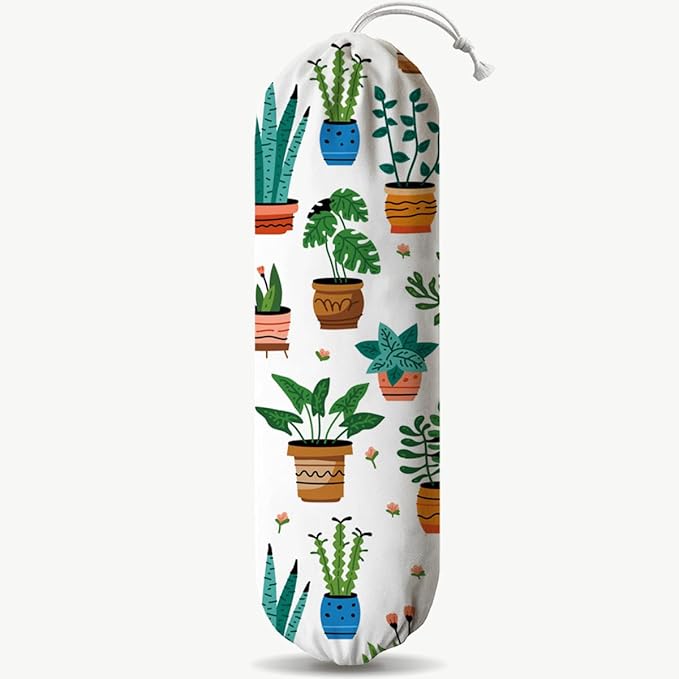 Plants Plastic Bag Holder, Reusable Washable Shopping Bags Storage Carrier, Animal Prints Fabric Garbage Trash Bag Dispenser for Home Kitchen Pantry Cabinet, Wall Mount, Kitchen Housewarming Gifts