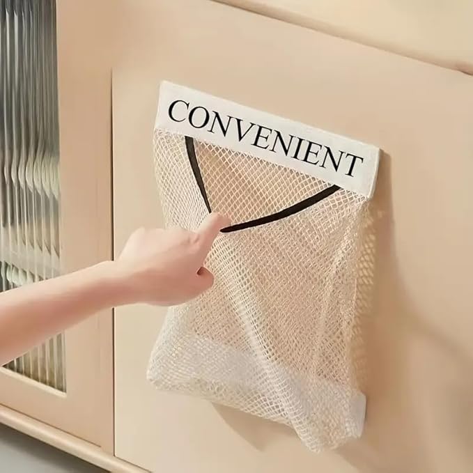 Wall-Mounted Plastic Bag Dispenser – Removable Mesh Holder with Strong Adhesive, Kitchen & Pantry Organizer