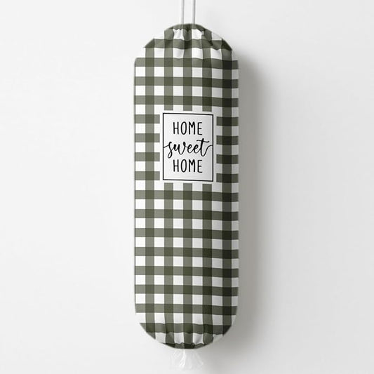 Plastic Bag Holder, Home Sweet Home Plastic Bag Holder for Kitchen Essentials, Olive Green and White Grid Bags Holders for Plastics Bags Groceries Store, Reusable Hanging Trash Sack Dispenser