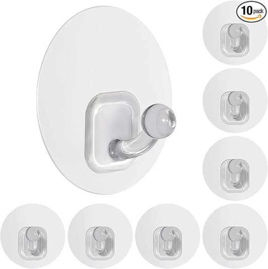 Uten Adhesive Hooks for Hanging 10 Pack, Heavy Duty Wall Hooks 11 lbs, Self Adhesive Waterproof Sticky Robe Towel Transparent Hooks for Home, Bathroom, Kitchen, Outdoor