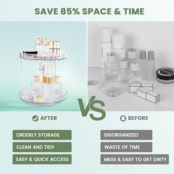 360 Clear Rotating Makeup Organize for Vanity,2 Tiers Lazy Susan Large-Capacity Skincare Organizers Cosmetic DisplayCase Organizer for Dresser, Countertop, Bathroom, Cabinet, Kitchen, Fridge (2Tiers)