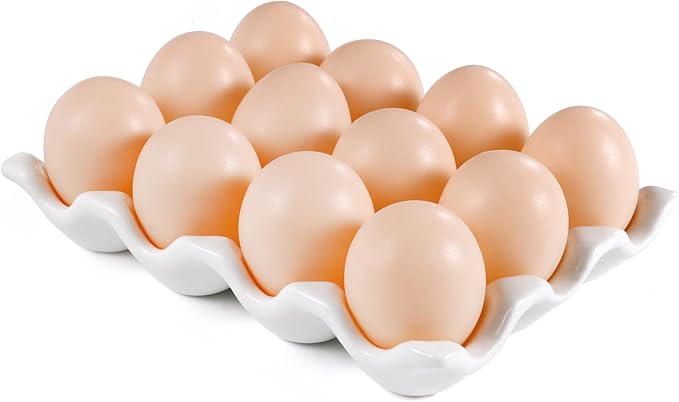 Ceramic 12 Cups Egg Tray - 1 Dozen Porcelain Egg Holder Container Keeper Storage Organizer Decorative Serving Dish Plate for Refrigerator Fridge Countertop Display Kitchen Home (White 12 Eggs)