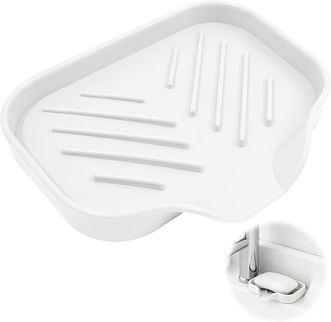 Sponge Holder with Drain Spout, 4.7" x 3.6" Bathroom and Kitchen Sink Organizer, Dish Soap Tray for Sponges, Scrubbers, Dispensers, Dish Brushes, Spoons & Other Sink Items, Dishwasher Safe (White)