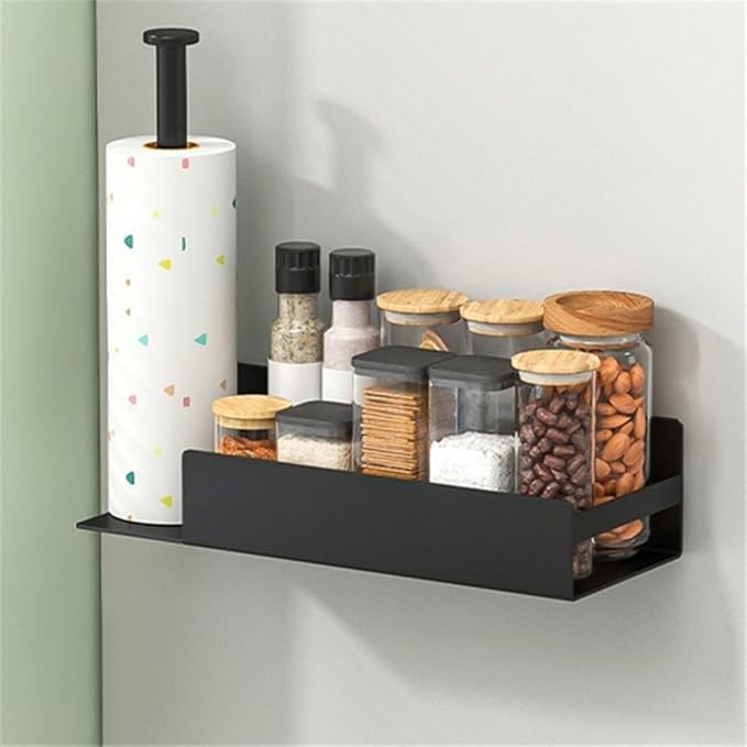 Magnetic Spice Rack with Paper Towel Holder for Fridge Mounting, Metal Shelf Organizer for Kitchen Storage of Spices, Snacks, and Cooking Tools