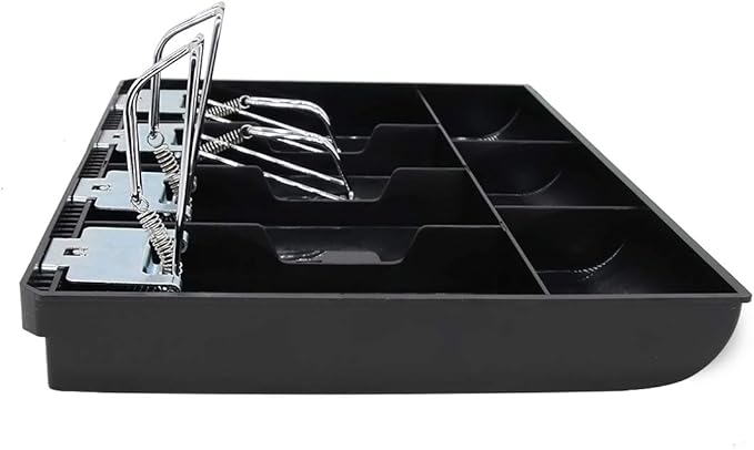 Cash Register Drawer Insert Tray 4 Bill/3 Coin Compartments with Metal Clip for Money Storage, Black