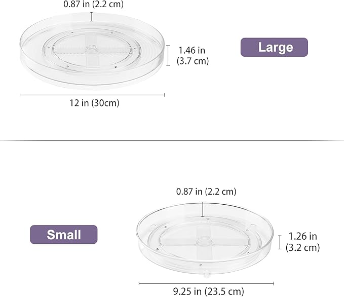 Puricon 2 Pack Clear Lazy Susan Turntable Organizer (12" & 9.25"), Plastic Rotating Tray Home Edit Lazy Susan Spice Rack Cabinet Organizer for Pantry Countertop Kitchen Fridge Bathroom -Low Edge