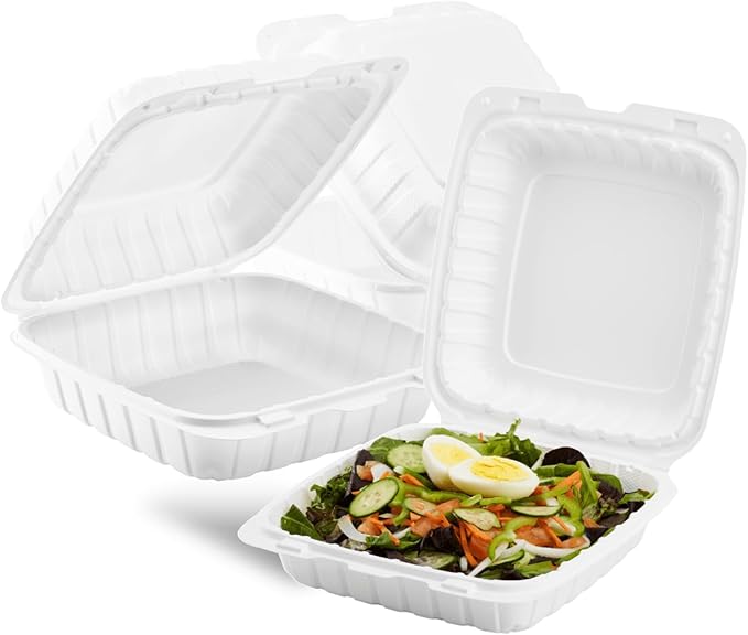 KARAT EARTH Clamshell Take Out Food Containers [8"x8" - 200 ct] To Go Containers | Microwavable, Freezer Safe, Soak-Resistant, Durable, Stackable | Vented for Hot/Cold Foods, White