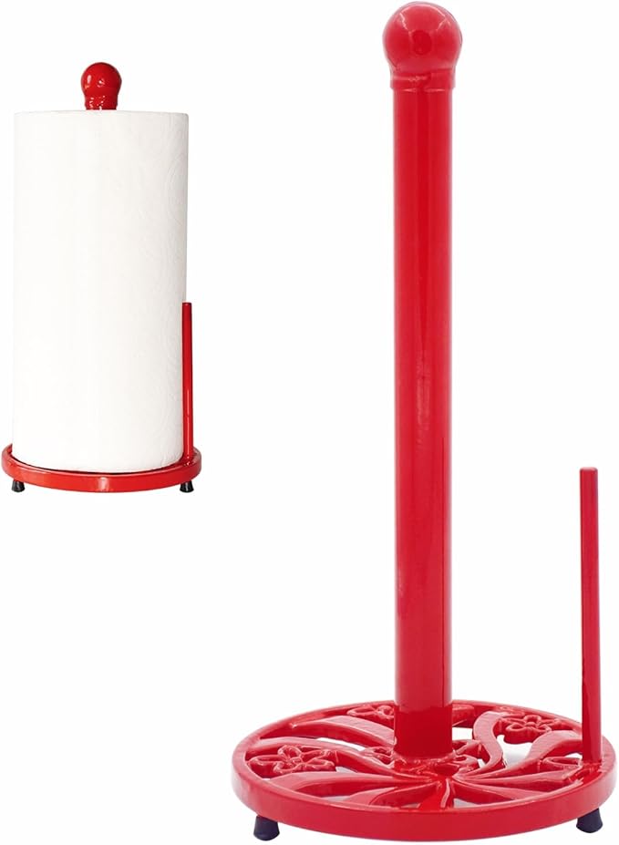 Vintage Paper Towel Holder Countertop - Cast Iron Standing Roll Paper Towel Dispenser with Elegant and Heavy Daffodil Pattern Base for Kitchen Décor, Red