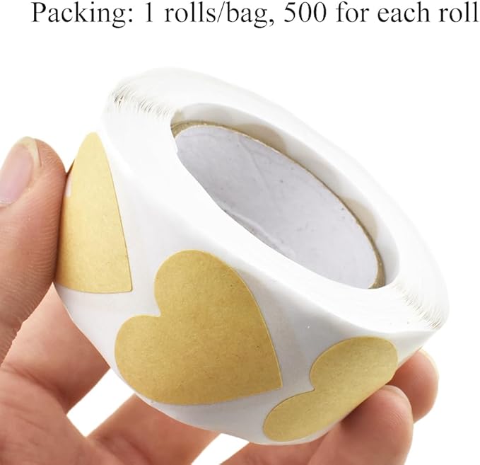 HAHIYO 1Inch 500Pcs Natural Brown Kraft Heart Shaped Stickers - Permanent Adhesive Dot Stickers for Jar Canning Label Price Tag Store Organizing