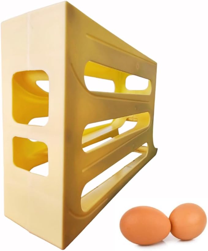K&KLACOSTA 4 Tier Egg Tray, Automatic Egg Rolling Dispenser Rack for Storing Organizing Distributing and Rolling Eggs in Refrigerator Stackable, in Kitchens, Cabinets, Dining Tables Yellow