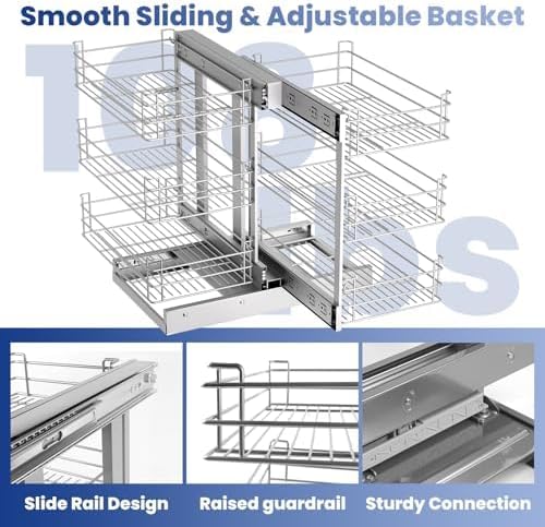Heavy Duty Stainless Steel Corner Pull Out, 3 Tier 6 Basket Cabinet Organizer for 17" Opening, Soft Close Slide Out Shelves