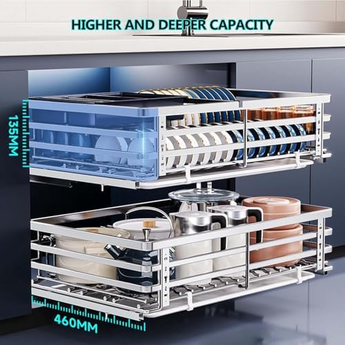 Stainless Steel Pull-Out Kitchen Drawer Organizer, Rust-Proof Telescopic Slide-Out Cabinet Basket with Damping Buffer Tracks, Space-Saving Storage for Pots, Pans, and Pantry Essentials