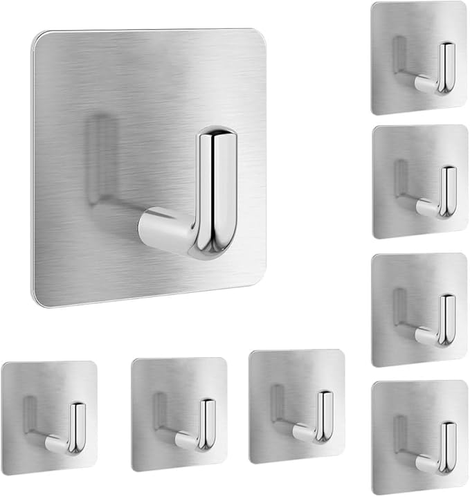 EDMILE Adhesive Towel Hooks, 8 Pack Self Adhesive Coat Sticky Hooks for Hanging, Stainless Steel Stick on Wall Hat Hook, Bathrooms Kitchen Livingroom Garage, Silver