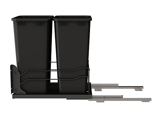 Rev-A-Shelf Double Pullout Trash Can for Under Kitchen Cabinets 50 Qt. 12.5 Gallon w/Soft-Close Slides for 21” Base Cabinets Black, 53WC-2150SCDM-218