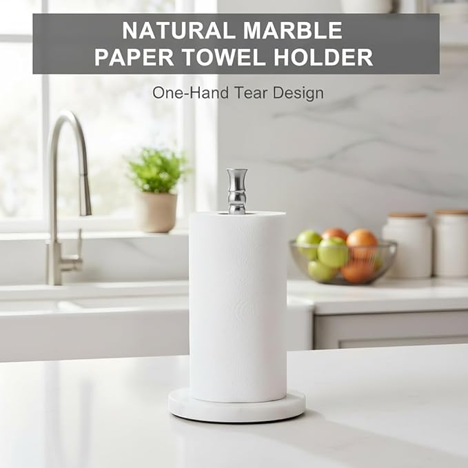 Paper Towel Holder Stand, One-Handed Ripping Paper Towel Roll Holder Countertop, Heavy Marble Base, NOT Tip Over - (Marble, Brushed Nickel)