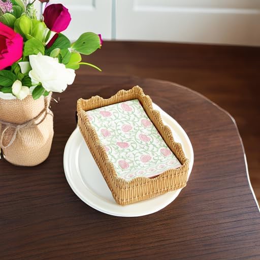 Two's Company Resin Scalloped Edge Wicker Weave Pattern - Decorative Napkin Holder, Guest Towel & Utensil Holder, Rustic Farmhouse Decor & Organizer