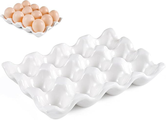 Ceramic 12 Cups Egg Tray - 1 Dozen Porcelain Egg Holder Container Keeper Storage Organizer Decorative Serving Dish Plate for Refrigerator Fridge Countertop Display Kitchen Home (White 12 Eggs)