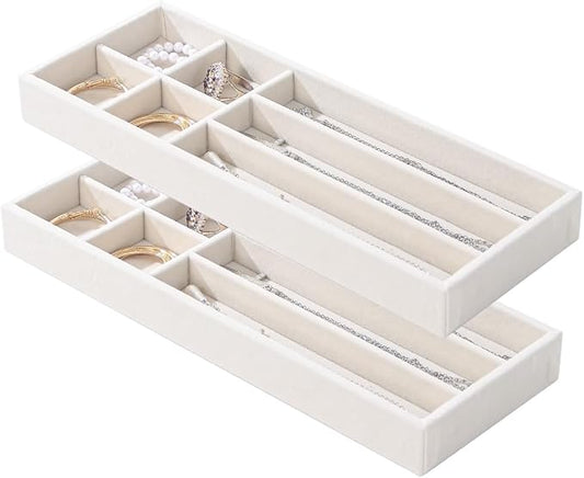 2Pcs Desk Drawer Storage Tray, Nightstand Organizer Tray, Necklace Bracelet Ring Earring Jewelry Display Tray, Grid Table Organizer Holder Tray for Sunglass, Phone, Watch, Perfume (7 grid)/Beige
