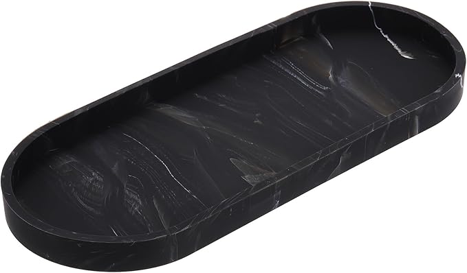 uxcell Bathroom Vanity Tray, 11.8" x 5" Oval Silicone Soap Dispenser Trays, Shatterproof Kitchen Sink Organizer for Soaps Keys Candle Trinket, Marble Black