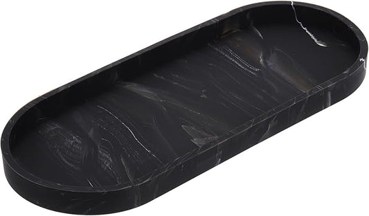 uxcell Bathroom Vanity Tray, 11.8" x 5" Oval Silicone Soap Dispenser Trays, Shatterproof Kitchen Sink Organizer for Soaps Keys Candle Trinket, Marble Black