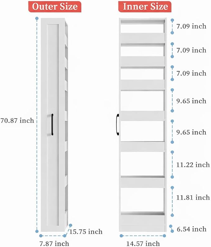 Slim Storage Cabinet, 7 Tier Pull Out Pantry Shelf for Kitchen, Narrow Rolling Storage Cart with Handle, Skinny Spice Rack Next to Fridge for Small Spaces, White