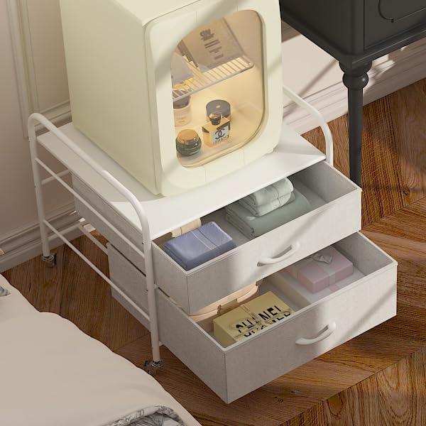 Mini Fridge Stand, Fridge Stand with Storage, 2 Drawer Fridge Cart, Organizer Unit for Mini Fridge, Fridge Stand Table, Mini Fridge Table with Swivel Wheels,White
