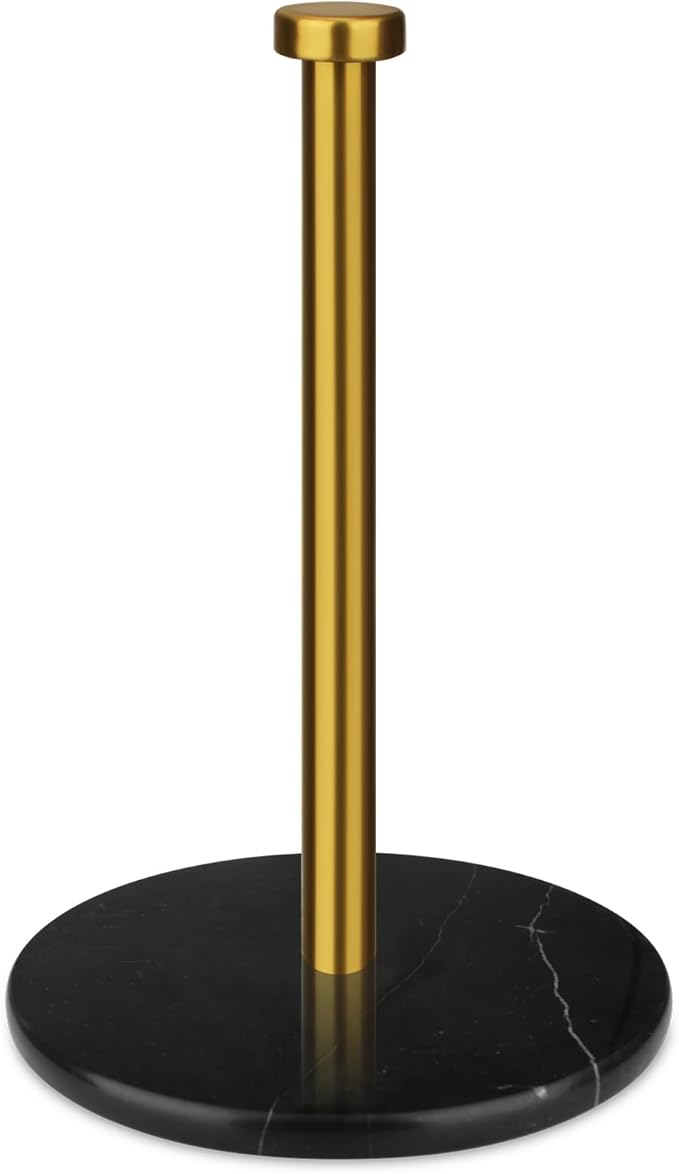 Paper Towel Holder Countertop with 7" Weighted Black Marble Base - Modern Free Standing Paper Roll Holder, Brushed Gold Stainless Steel Stand Paper Towel Holder for Kitchen and Bathroom