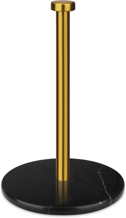 Paper Towel Holder Countertop with 7" Weighted Black Marble Base - Modern Free Standing Paper Roll Holder, Brushed Gold Stainless Steel Stand Paper Towel Holder for Kitchen and Bathroom