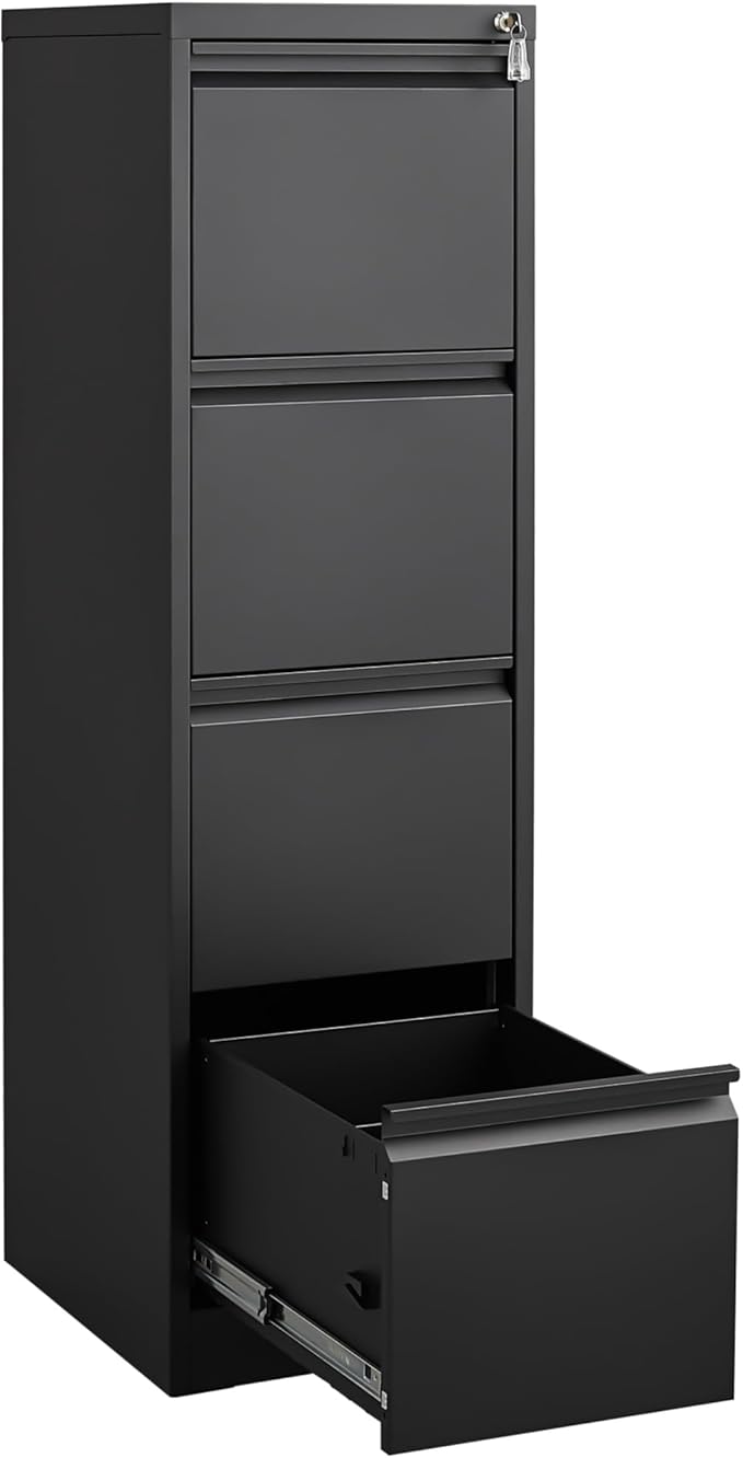 4 Drawer File Cabinet with Lock, Vertical Filing Cabinet for Home Office Garage, Metal Lockers Steel Lockable Drawer Storage Organizer for Letter Size/a4/Legal Files Black